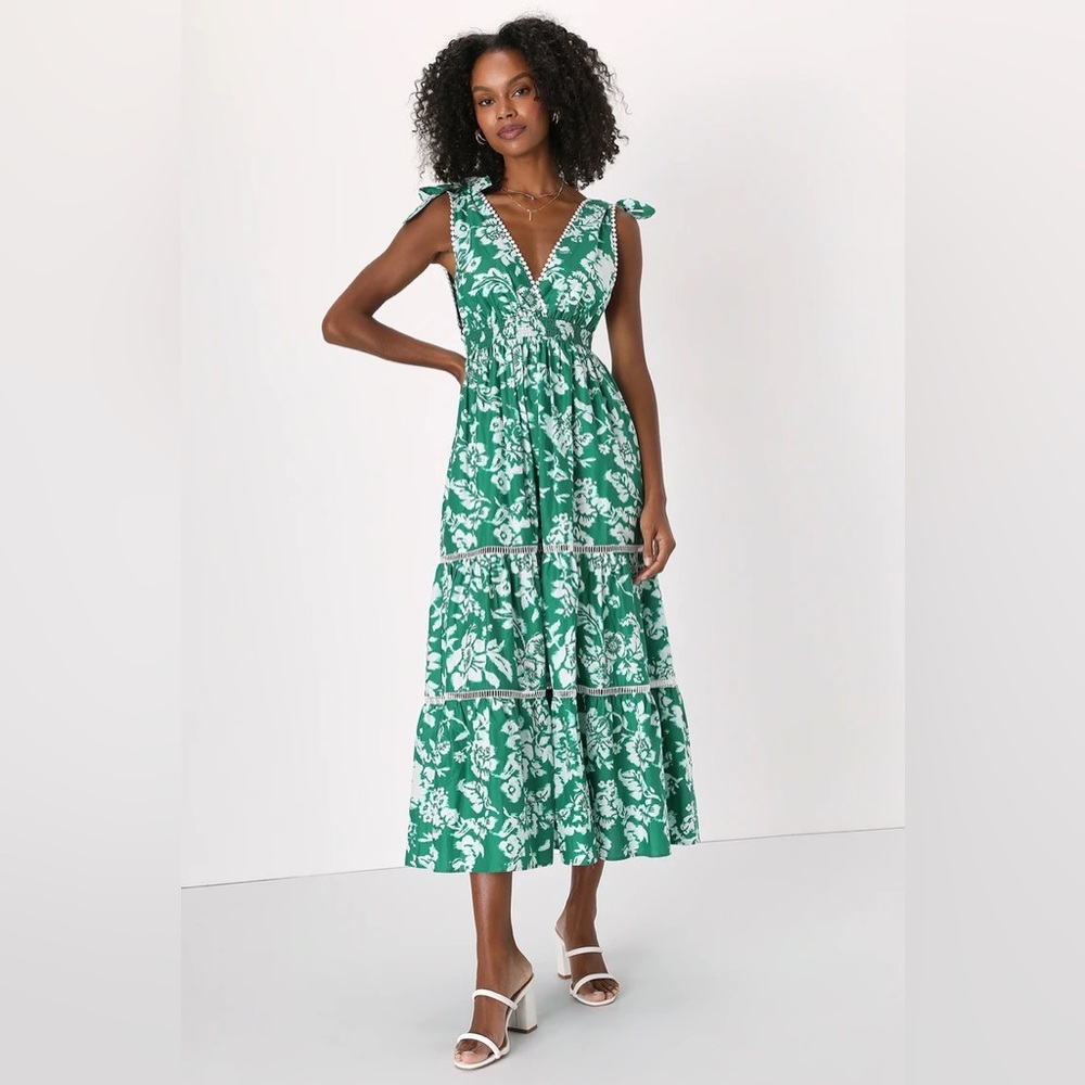 Lulus Sweet Spectacle Green Floral Tie-Strap Maxi Dress With Pockets size Large